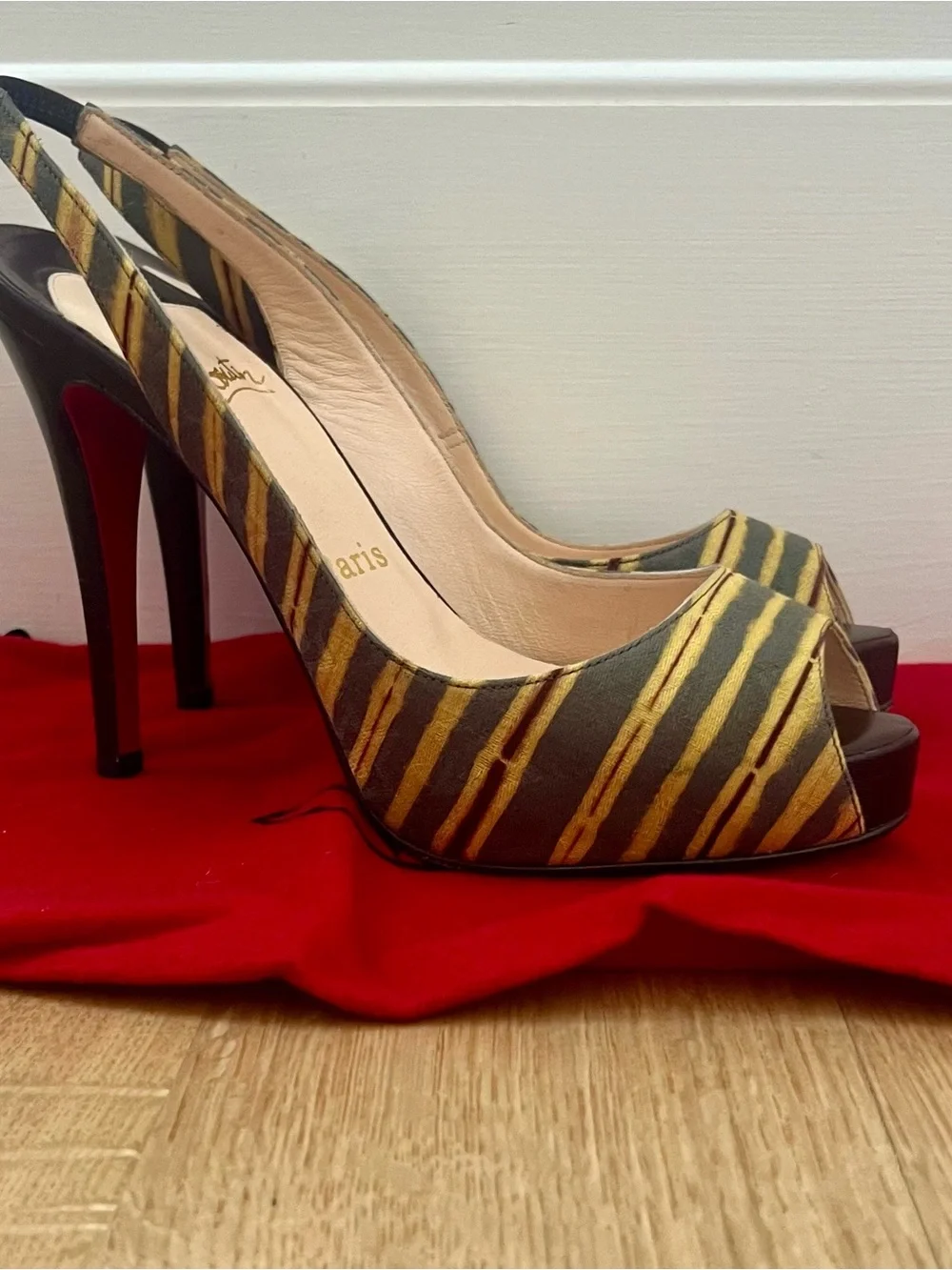 Christian Louboutin Striped Multicolor Peep-Toe Slingback Heels Size US 7/EU 37